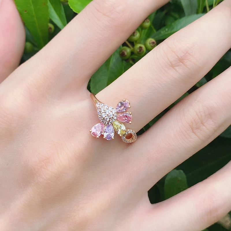 Kinel New Colorful Natural Zircon Party Ring For Women 585 Rose Gold Color Crystal Flower Bride Rings Fashion Wedding Jewelry