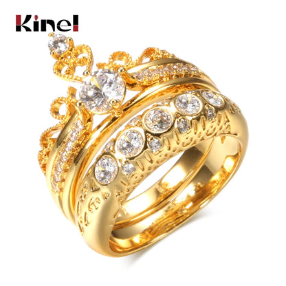 Kinel Natural Zircon Crystal Flower Crown Rings for Women Fashion Gold Fine Hollow Ethnic Wedding Ring Vintage Jewelry