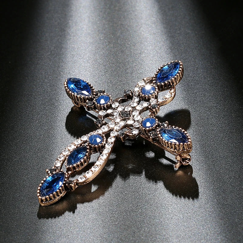 Kinel New Arrival Antique Gold Baroque Cross Brooch For Women Fashion Rhinestone Brooches Pin Vintage Wedding Jewelry Gift