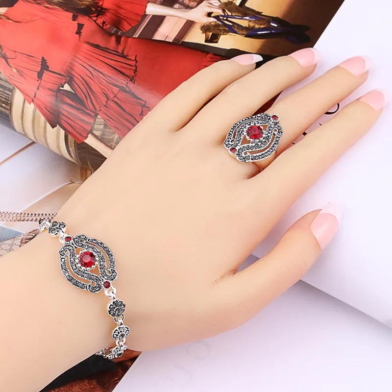 Kinel Hot 4Pcs Vintage Wedding Jewelry Sets Gray Crystal Necklace Earrings Bracelet And Rings For Women Green Stone Bogo Jewelry