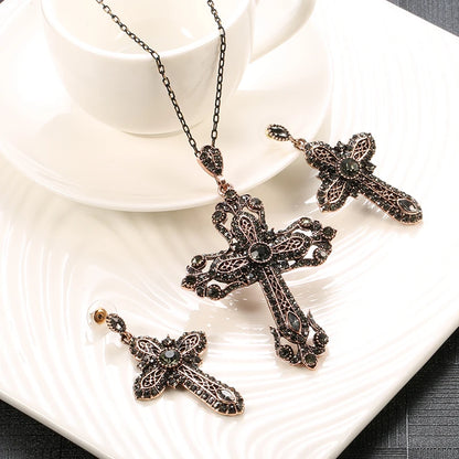 Kinel Noble Gray Crystal Cross Necklace Drop Earring for Women Vintage Jewelry Set Antique Gold Necklace Bijoux Religious Gift