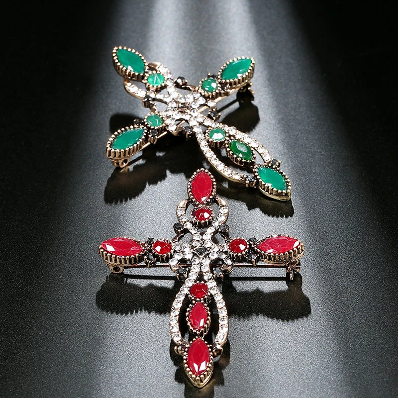 Kinel New Arrival Antique Gold Baroque Cross Brooch For Women Fashion Rhinestone Brooches Pin Vintage Wedding Jewelry Gift