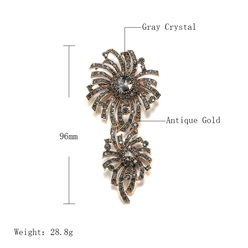 Kinel Hot Gray Crystal Flower Brooch Pin For Women Antique Gold Arabesque Rhinestone Brooch Lapel Scarf Broches Vintage Jewelry