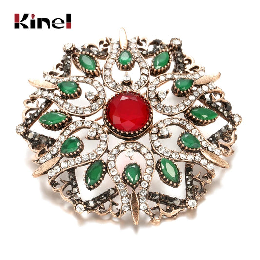 Kinel Ethnic Wedding Flower Bead Brooch Pin Old Gold Color Vintage Red Stone Big Broches Brooches Bridal Gift Boho Jewlery