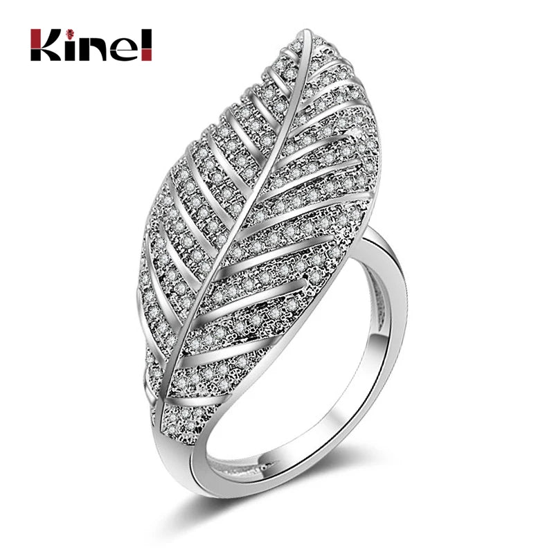 Kinel Jewelry Lucky Leaves Open Ring Princess Cut 5.8 CT White Zircon Silver Color Engagement Wedding Rings Party Crystal Girls