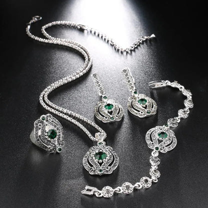 Kinel Hot 4Pcs Vintage Wedding Jewelry Sets Gray Crystal Necklace Earrings Bracelet And Rings For Women Green Stone Bogo Jewelry