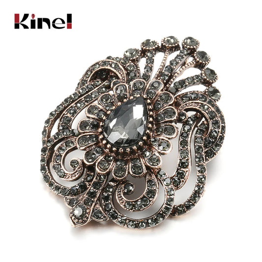 Kinel Vintage Women Turkish Flower Brooch Pin Gray Crystal Jewelry Rhinestone Brooches Arabia Paisley Pattern Lapel Corsage