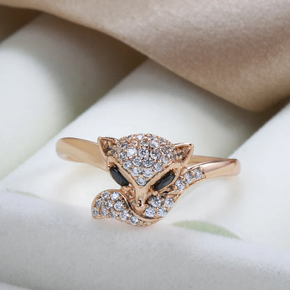 Kinel Hot Cute Fox Ring for Women 585 Rose Gold Black Natural Zircon Ring Fashion Vintage Animal Jewelry