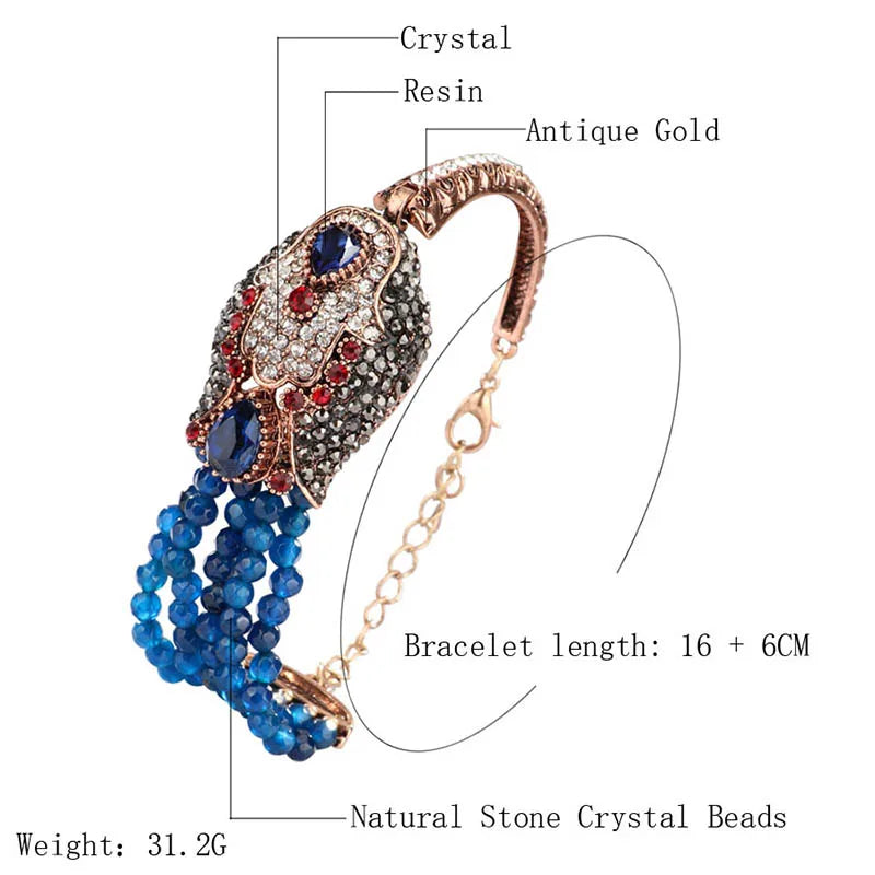 Kinel Natural Stone Crystal Beads Bracelet For Women Antique Gold Covered With Crystal Blue Punk Rock Bracelet Gift