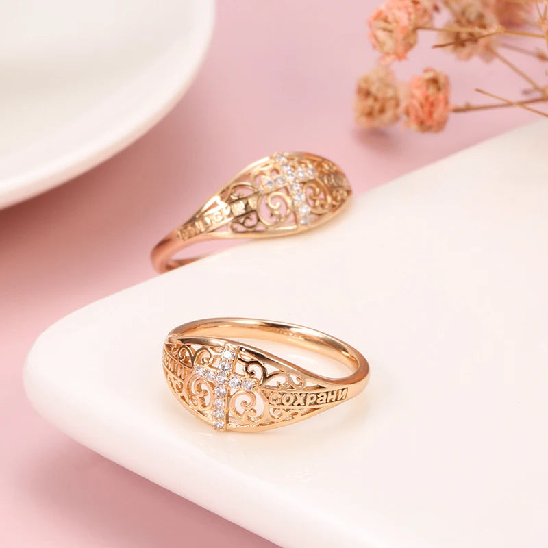 Kinel Hot 585 Rose Gold Cross Ring Micro-wax Inlay Natural Zircon Hollow Flower Rings Women Fine Faith Jewelry