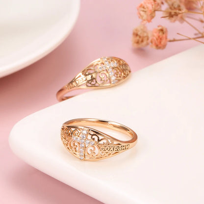 Kinel Hot 585 Rose Gold Cross Ring Micro-wax Inlay Natural Zircon Hollow Flower Rings Women Fine Faith Jewelry