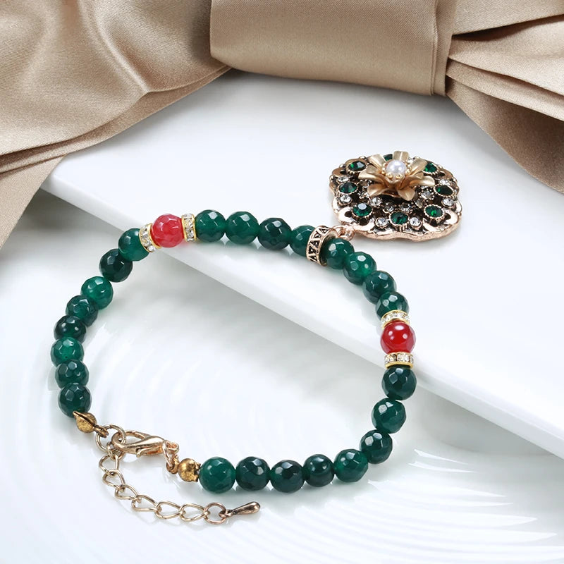 Kinel Fashion Ethnic Bride Bracelet For Women Luxury 585 Zinc Alloy Green Natural Stone Bracelets Fine Vintage Wedding Jewelry