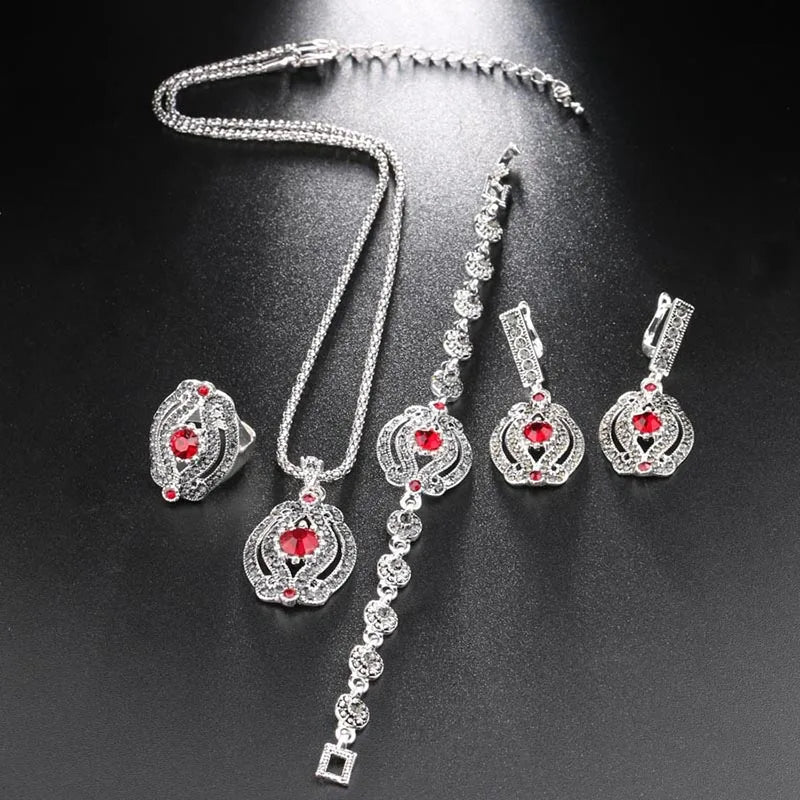 Kinel Hot 4Pcs Vintage Wedding Jewelry Sets Gray Crystal Necklace Earrings Bracelet And Rings For Women Green Stone Bogo Jewelry