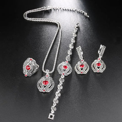 Kinel Hot 4Pcs Vintage Wedding Jewelry Sets Gray Crystal Necklace Earrings Bracelet And Rings For Women Green Stone Bogo Jewelry