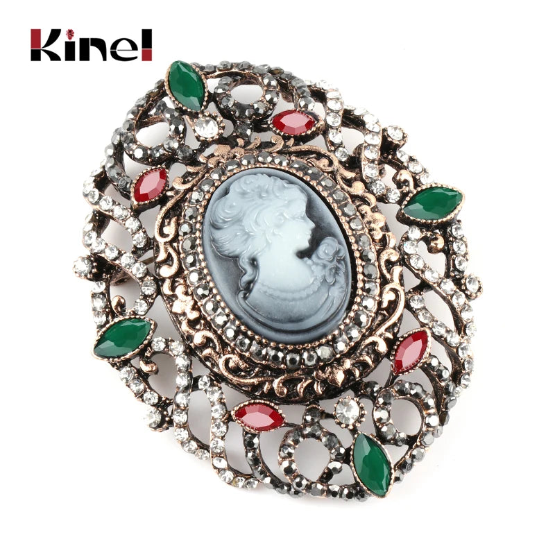 Kinel Hot Hollow Crystal Flower Oval Lady Queen Cameo Brooch For Women Antique Gold Party Vintage Brooch Jewelry Drop Shipping