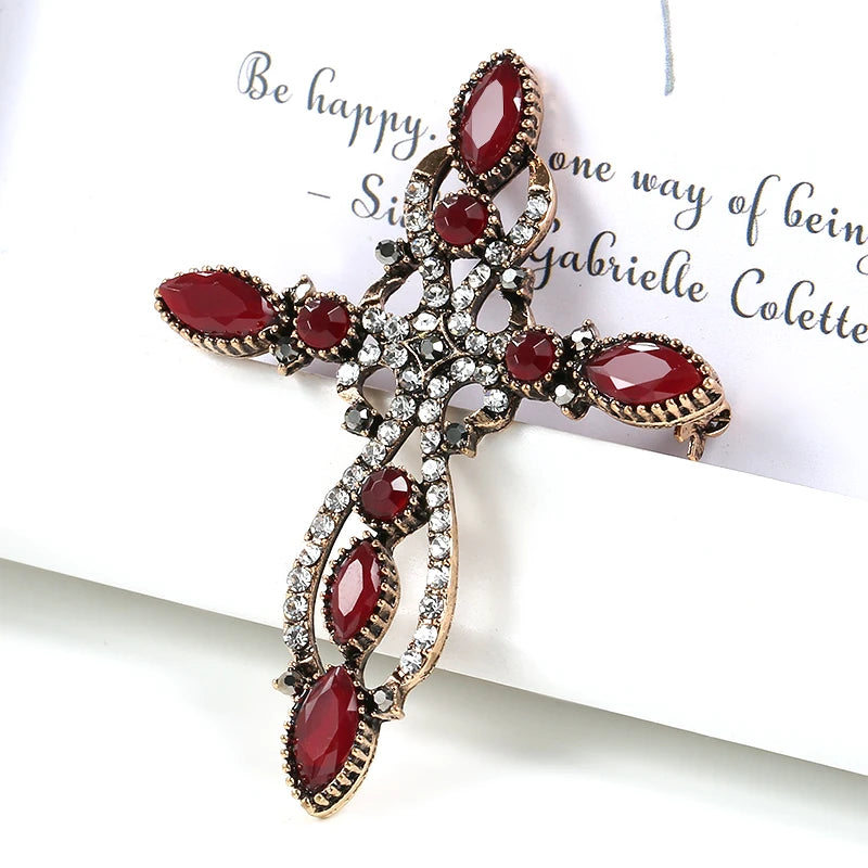 Kinel New Arrival Antique Gold Baroque Cross Brooch For Women Fashion Rhinestone Brooches Pin Vintage Wedding Jewelry Gift