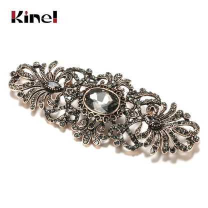 Kinel Hot Gray Crystal Flower Brooch Pin For Women Antique Gold Ethnic Pattern Big Brooch Lapel Scarf Broches Vintage Jewelry