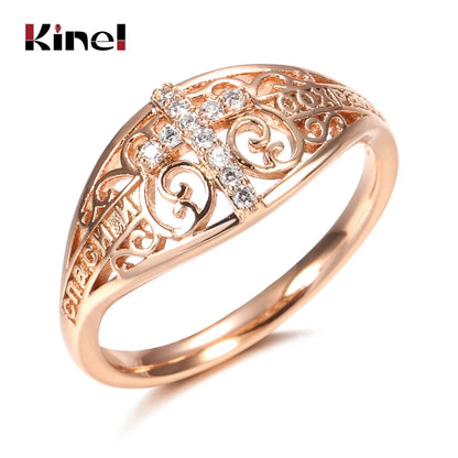 Kinel Hot 585 Rose Gold Cross Ring Micro-wax Inlay Natural Zircon Hollow Flower Rings Women Fine Faith Jewelry