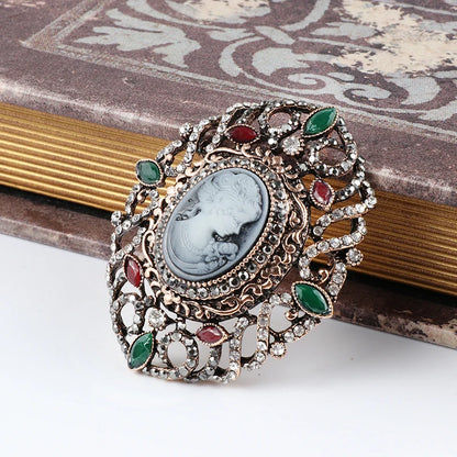 Kinel Hot Hollow Crystal Flower Oval Lady Queen Cameo Brooch For Women Antique Gold Party Vintage Brooch Jewelry Drop Shipping