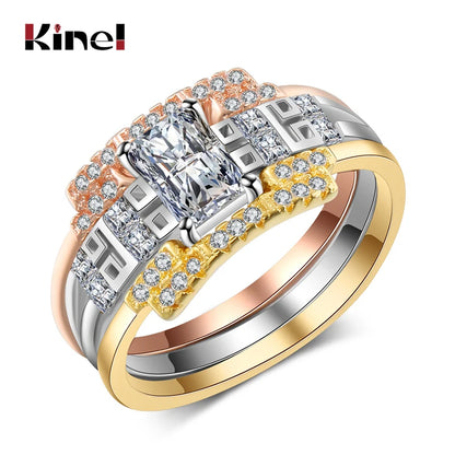 Kinel Fashion 585 Rose Gold Bridal Wedding Ring Sets Shiny Square Natural Zircon Engagement Jewelry