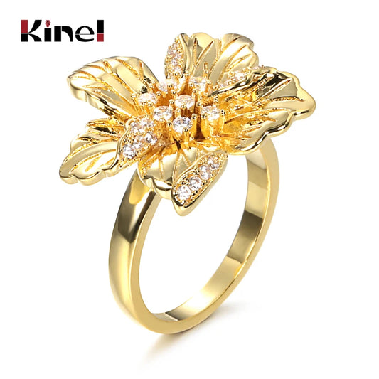 Kinel Jewelry Boho Bride Wedding Rings Fashion Dubai Gold Mosaic Zircon Crystal Flower Ring Engagement Party Jewelry Wholesale