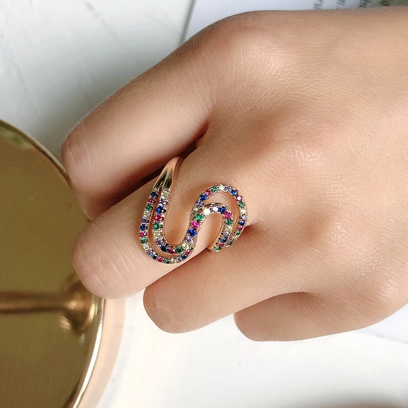 Kinel New Arrivals 585 Rose Gold Colorful Zircon Rainbow Ring Geometric Wave Finger Rings for Women Wedding Jewelry Crystal Gift