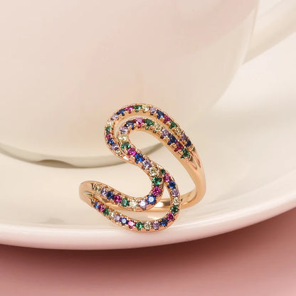 Kinel New Arrivals 585 Rose Gold Colorful Zircon Rainbow Ring Geometric Wave Finger Rings for Women Wedding Jewelry Crystal Gift