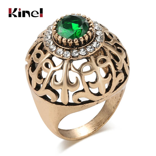 Kinel Hot Fashion Dubai Gold Big Antique Ring Women Hollow Crystal Flower Green Resin Wedding Ring Vintage Jewelry