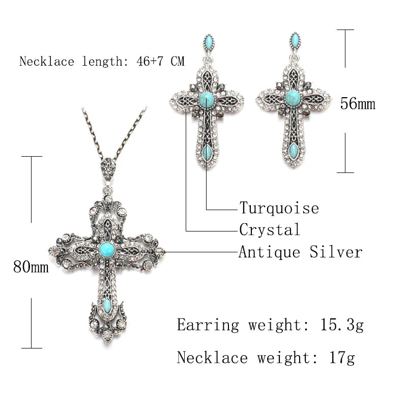 Kinel Vintage Tibetan Silver Cross Necklace Earrings For Women Jewelry Sets Natural Stone Crystal Boho Ethnic Wedding Jewelry