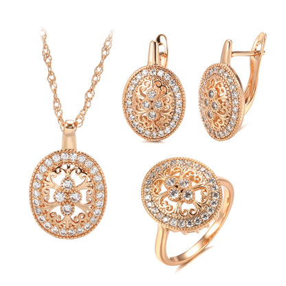 Kinel Hot Fashion 585 Rose Gold Necklace Earrings Ring Sets for Women Natural Zircon Ethnic Flower Bride Wedding Jewelry Set