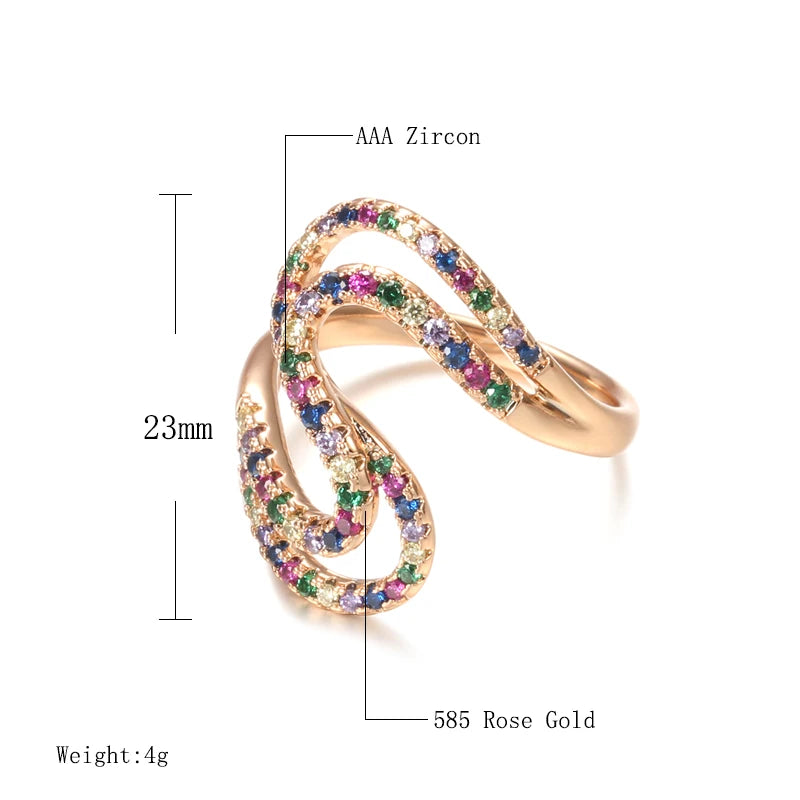 Kinel New Arrivals 585 Rose Gold Colorful Zircon Rainbow Ring Geometric Wave Finger Rings for Women Wedding Jewelry Crystal Gift