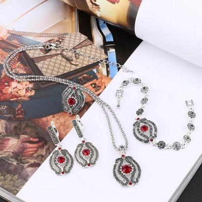 Kinel Hot 4Pcs Vintage Wedding Jewelry Sets Gray Crystal Necklace Earrings Bracelet And Rings For Women Green Stone Bogo Jewelry