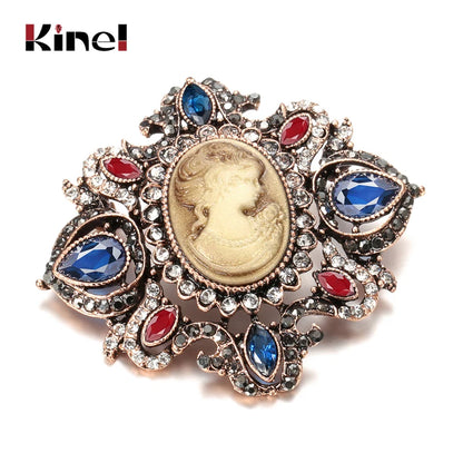 Kinel Oval Lady Blue Stone Brooch For Women Vintage Hollow Flower Brooch Antique Gold Party Fashion Apparel Jewelry Accessories