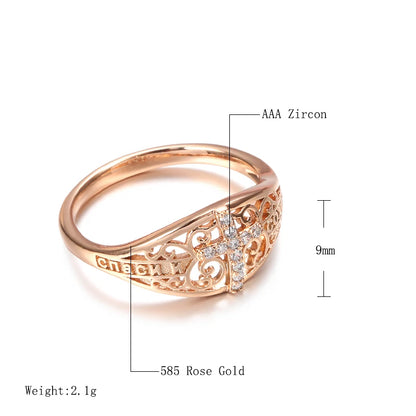 Kinel Hot 585 Rose Gold Cross Ring Micro-wax Inlay Natural Zircon Hollow Flower Rings Women Fine Faith Jewelry