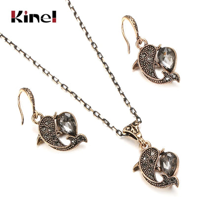 Kinel Fashion Crystal Dolphin Jewelry Sets Ancient Gold Plated Gray Water Drop Party Necklace Earring Sets For Women Wedding