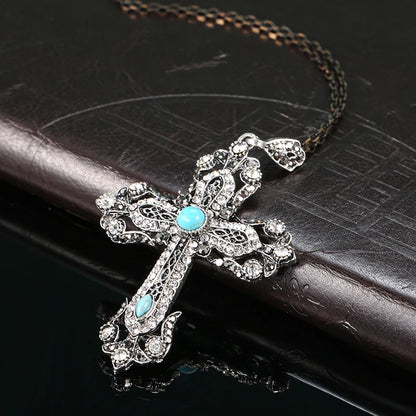 Kinel Vintage Tibetan Silver Cross Necklace Earrings For Women Jewelry Sets Natural Stone Crystal Boho Ethnic Wedding Jewelry