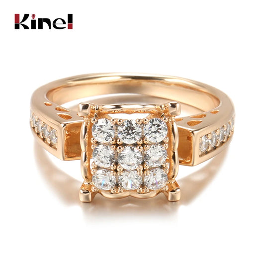 Kinel Luxury 585 Rose Gold Ethnic Bride Wedding Big Ring Fine Crystal Flower Natural Zircon Rings for Women Vintage Jewelry