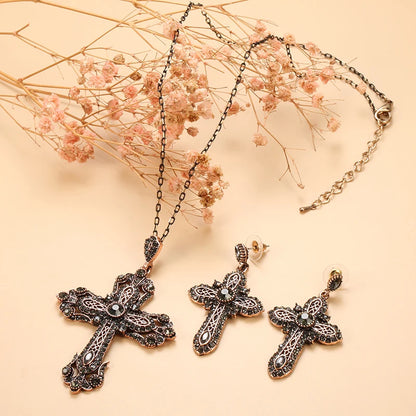 Kinel Noble Gray Crystal Cross Necklace Drop Earring for Women Vintage Jewelry Set Antique Gold Necklace Bijoux Religious Gift