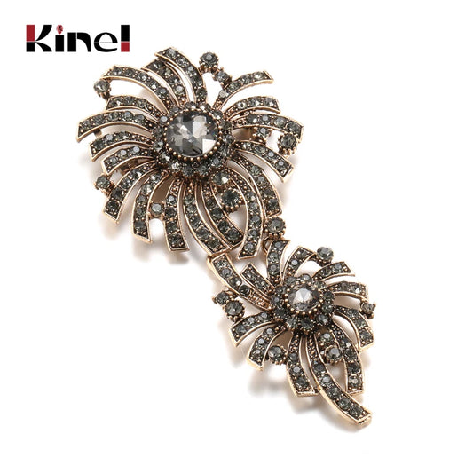 Kinel Hot Gray Crystal Flower Brooch Pin For Women Antique Gold Arabesque Rhinestone Brooch Lapel Scarf Broches Vintage Jewelry