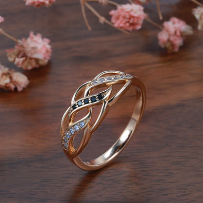 Kinel 2021 New 585 Rose Gold Boho Ring for Women Hollow Flower Natural Black Zircon Ring Vintage Bride Wedding Fine Jewelry