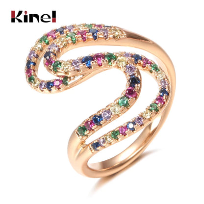 Kinel New Arrivals 585 Rose Gold Colorful Zircon Rainbow Ring Geometric Wave Finger Rings for Women Wedding Jewelry Crystal Gift