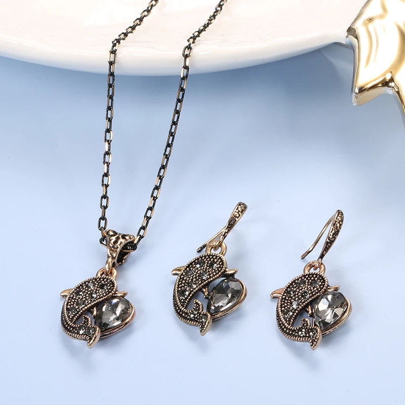 Kinel Fashion Crystal Dolphin Jewelry Sets Ancient Gold Plated Gray Water Drop Party Necklace Earring Sets For Women Wedding