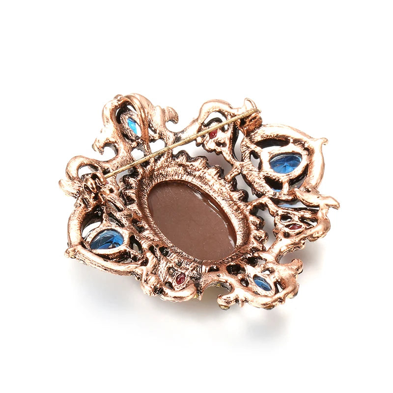 Kinel Oval Lady Blue Stone Brooch For Women Vintage Hollow Flower Brooch Antique Gold Party Fashion Apparel Jewelry Accessories