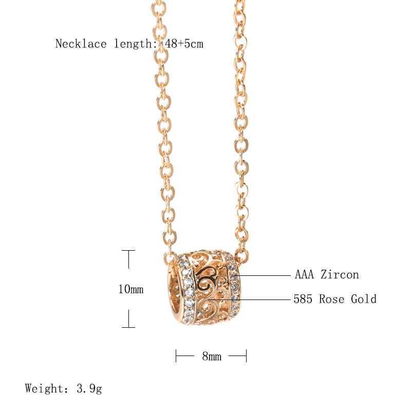 Kinel Luxury Hollow Flower Necklace Micro-wax Inlay Natural Zircon 585 Rose Gold Round Long Pendants Women Fine Fashion Jewelry