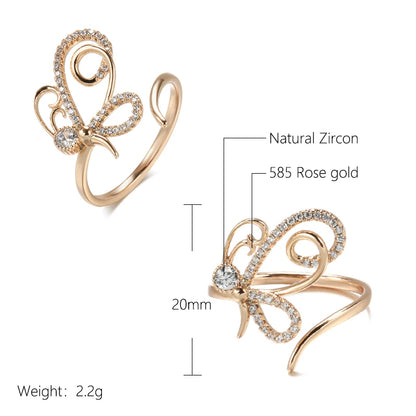 Kinel New 585 Rose Gold Rings Fashion Jewelry 2022 Micro Wax Inlay Natural Zircon Unusual Butterfly Ring Fine Jewelry