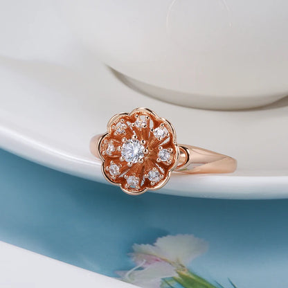 Kinel New 585 Rose Gold Daily Vintage Jewelry Crystal Flower Wedding Rings for Women Micro wax inlay Natural Zircon Ring