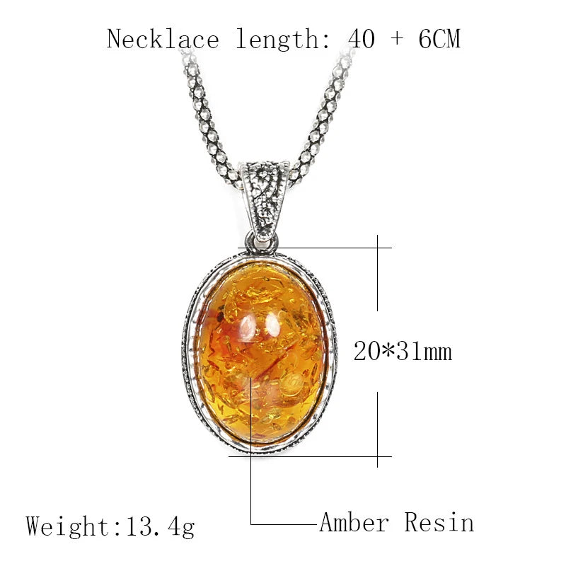 Kinel Luxury Simulated Ambers Necklace For Women Tibetan Silver Oval Flower Pendant Ethnic Wedding Boho Jewelry