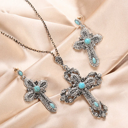 Kinel Vintage Tibetan Silver Cross Necklace Earrings For Women Jewelry Sets Natural Stone Crystal Boho Ethnic Wedding Jewelry