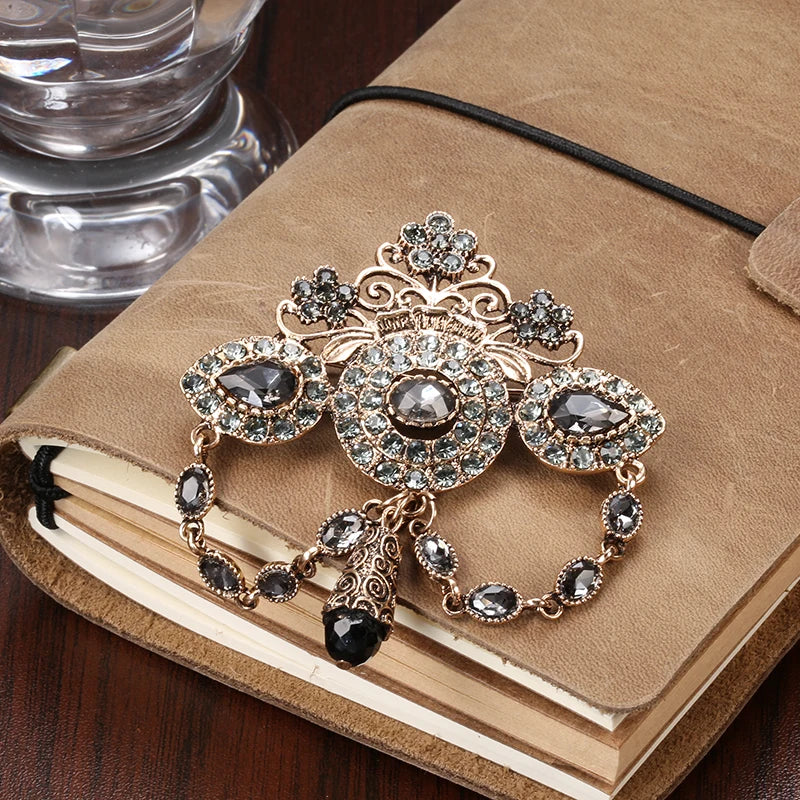 Kinel Fashion Boho Crown Brooch for Women Antique Gold Color Full Gray Crystal Moroccan Wedding Jewelry African Bridal Bijoux