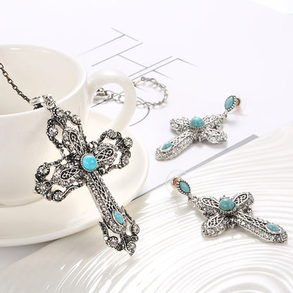 Kinel Vintage Tibetan Silver Cross Necklace Earrings For Women Jewelry Sets Natural Stone Crystal Boho Ethnic Wedding Jewelry